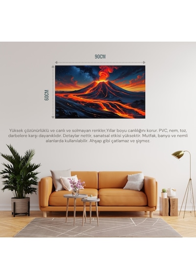Doğa Ve Manzara Yatay Yıldızlı Gecede Parlayan Lavlarla Patlayan Yanardağ 03 Çerçevesiz 90x60cm Pvc Tablo