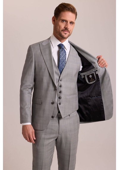 Erkek Gri Krem Slim Fit Sivri Yaka Yelekli Yün Kareli Takım Elbis Gri - Krem