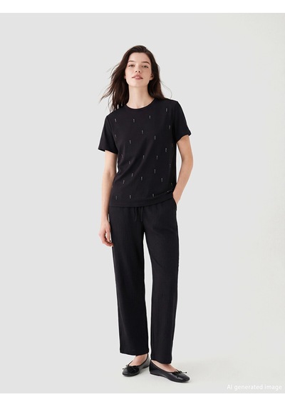 Lcw Comfort Siyah Bisiklet Yaka Taşlı Kadın Tişört