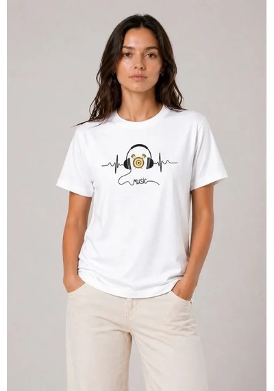 Defymoda Müzik Temalı Baskılı Tişört Bisiklet Yaka Kısa Kol T-shirt - Beyaz