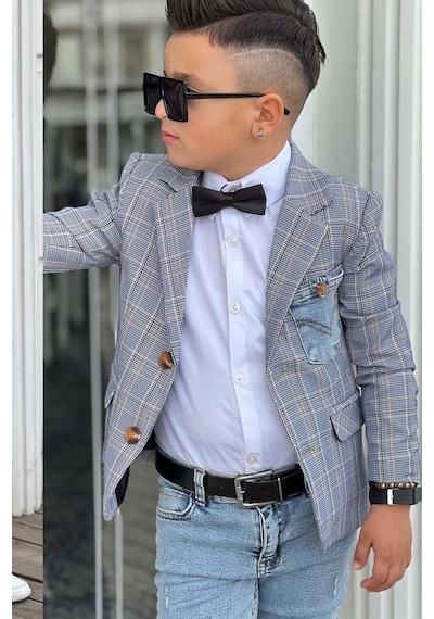 Riccotarz Erkek Çocuk Çizgili Blazer Ceket Kot Pantolon Füme Alt Üst Takım 001