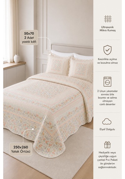 Gündelik Çeyizlik Hediyelik Kapitone Desenli Çift Kişilik / Battal Boy Yatak Örtüsü Takımı Seti 250x260 Örtü 50x70 2 Adet Yastık Kılıfı Silvia