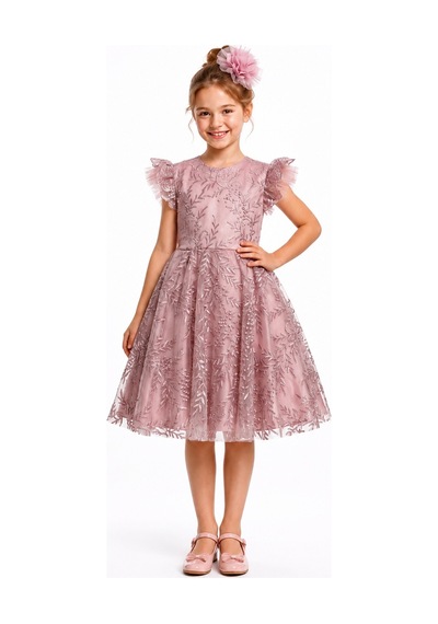 Mnk Baby & Kids Floare Kız Çocuk Abiye Elbise M00850 Koyu Pembe