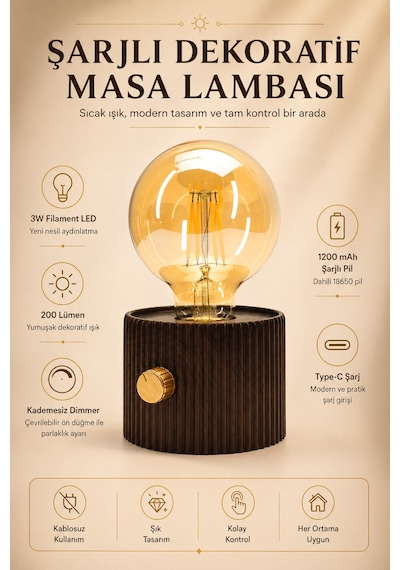 Şarjlı Masa Lambası Abajur Dimmer Parlaklık Ayarlı Gece Masa Üstü Lamba Kahve 712 Kahverengi