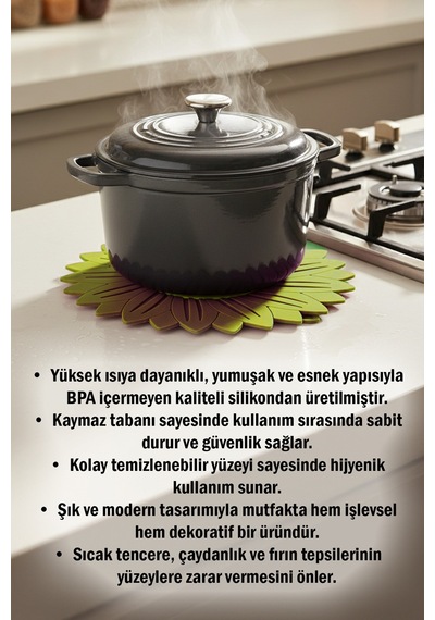 Ayçiçeği Model Kaymaz Silikon Nihale Tencere, Tava, Çaydanlık Ve Servis Altlığı 18,5 X 18,5 Cm Sarı