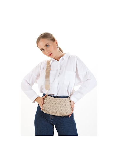Newish Polo Kadın Omuz Çantası Ve Cüzdan Seti 2 Li Monogram Desenli, Fermuarlı Cüzdanlı - New395 Bej