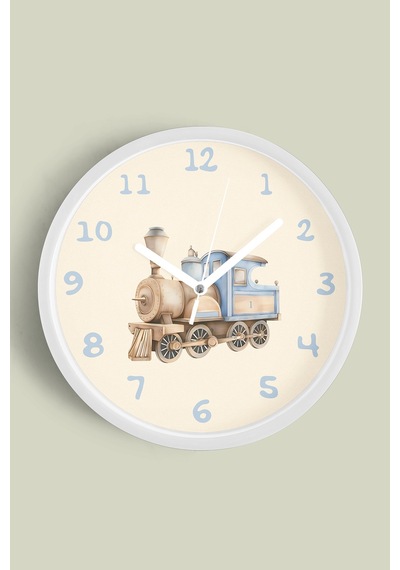 Tren Tasarımı Çocuk Odası Duvar Saati - 35cm - Önü Camlı Beyaz Kasa - Sessiz Mekanizma Beyaz