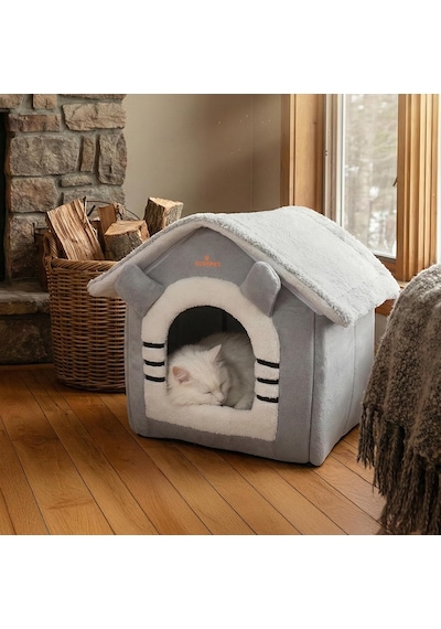 Klasik Çatılı Kedi Evi Ve Küçük Irk Köpek Kulübesi Ve Yuvası Minderli Peluş İç Mekan Yatağı, Fermuarlı Üst Bölüm, Taşınabilir Ev Tipi Yuva
