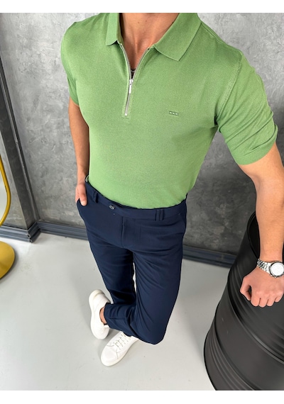Modefendi Yüksek Kalite Polo Yaka Fermuarlı Tshirt Fıstık Yeşili