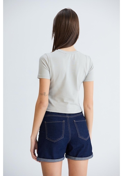 Bisiklet Yaka Basic Tshirt Gri-gri Gri