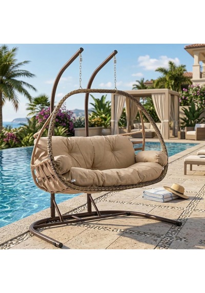 Malta Çiftli Rattan Bahçe Salıncağı Açık Kahve Çok Renkli