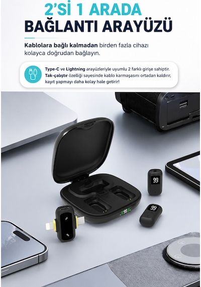 Kablosuz Yaka Mikrofonu 2'li Type-c Lightning Uyumlu Çift Mikrofonlu Gürültü Engelleme Şarj Kutulu