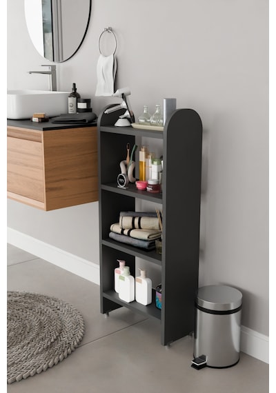 Alpaevmobilya Modern 4 Raflı Oval Kesim Banyo Düzenleyici Raf Metal Ayaklı Çok Amaçlı Raf Banyo Dolabı Açık Dolap Antrasit