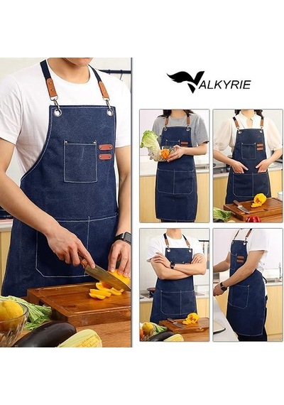 Valkyrie Unisex Kanvas Mutfak Önlüğü Ayarlanabilir Askılı Cepli Barista Garson Servis Önlüğü Lacivert