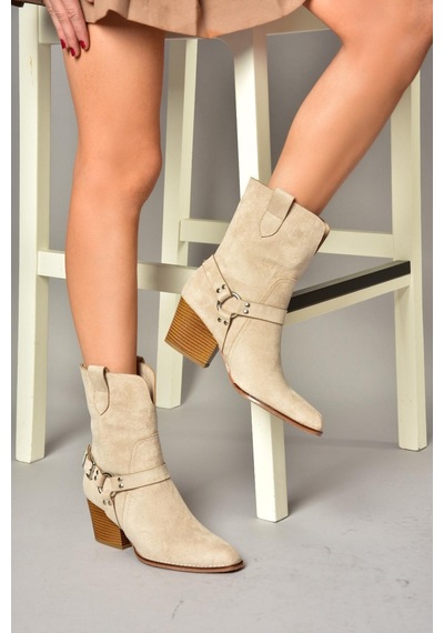 Fox Shoes T296094002 Bej Süet Kovboy Model Kalın Tabanlı Kadın Bot Bej-süet Bej