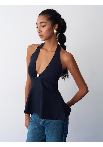 Dilvin 10787 Halter Yaka Metal Detaylı Peplum Triko Bluz-k.lacivert