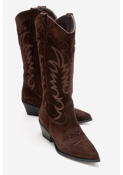 Luvishoes Matıas Kahverengi Süet Hakiki Deri Kadın Nakışlı Western Çizme Kahverengi