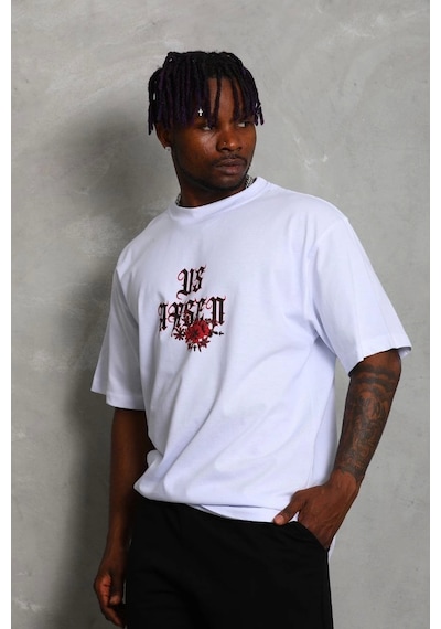 Unisex Oversize Baskılı Bisiklet Yaka T-shirt - Beyaz