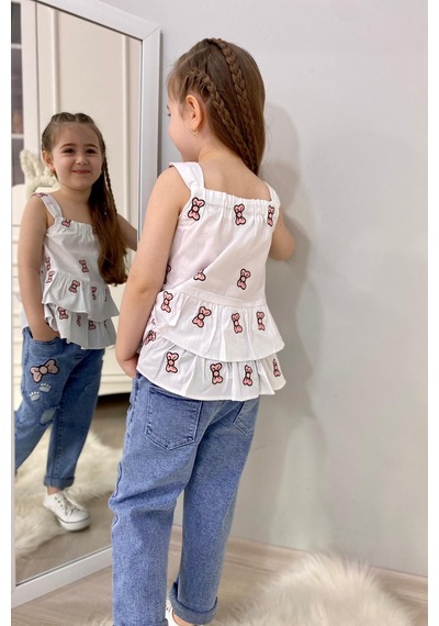 Turuncu Gardrop 3-10 Yaş Fiyonk Detay Bluz Ve Kot Pantolon Seti Beyaz