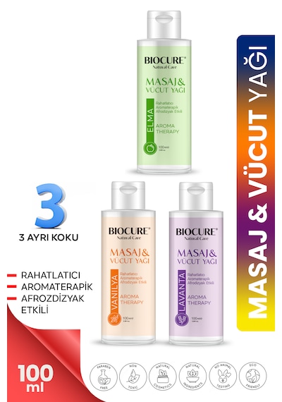 Biocure Elma + Lavanta + Vanilya Özlü Masaj ve Vücut Bakım Yağı 3 x 100 ML