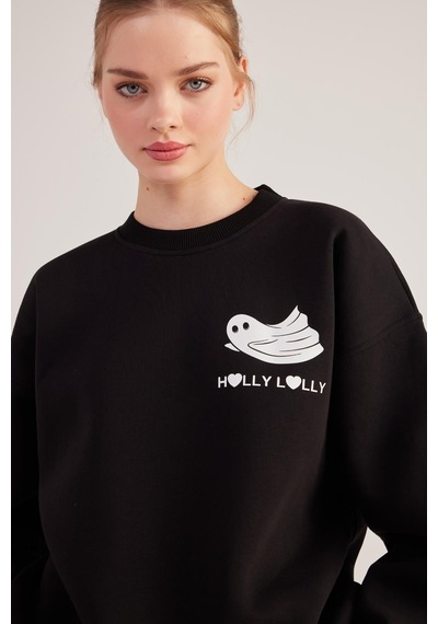 Holly Lolly Oversize Kesin Unisex Ghosting Sweatshirt Siyah