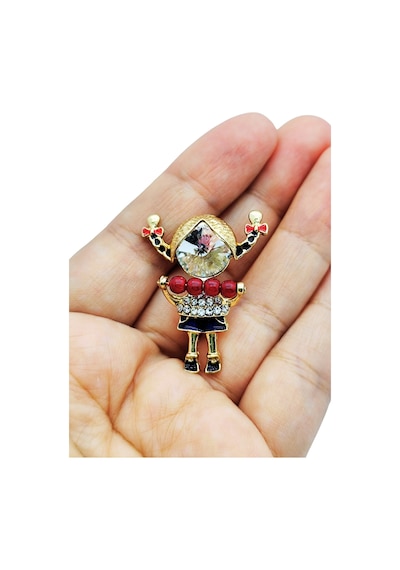 Kırmızı Boncuklu Taşlı Kız Figürü Broş Sevimli Figürlü Şık Brooch Pin Ekru