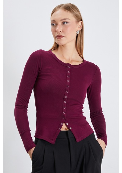 Fullamoda Önü Çıtçıtlı Ribanalı Slim Fit Bluz Mürdüm