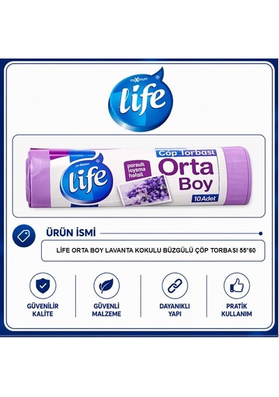 Life Lavanta Kokulu Orta Boy Büzgülü Çöp Torbası 10'lu 40'li Paket