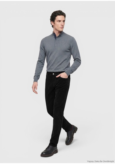 Ramsey Siyah Düz Dokuma Slim Fit Kadife Casual Pamuk Karışımlı Pantolon