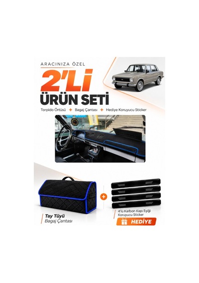 E-biz Tofaş Murat 124 1971-1977 Uyumlu Torpido Örtüsü + Tay Tüyü Çanta - Siyah-mavi - Tf004