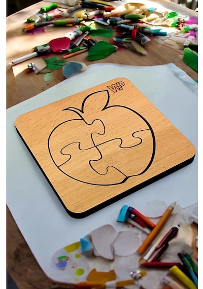 Plywood Ahşap Boyanabilir Çocuklar Puzzle 4mm Elma Boya Setli