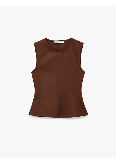 Koton Pamuklu Slim Fit Kolsuz Bisiklet Yaka Bluz Kahverengi 6sal30006ık Kahve