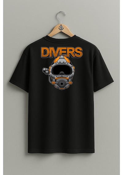 Oversize Divers Dalgıç Başlığı Cep Ve Sırt Tasarımlı Unisex T-shirt Siyah