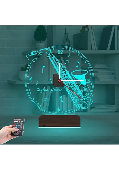 Luvivia Saksafon Enstrüman Müzik Nota Kişiye Özel Saatli 3d Lamba - Masa Gece Lambası Şeffaf