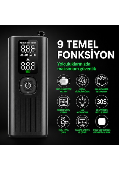 Kablosuz Akıllı Hava Pompası 120 Psı Dijital Göstergeli Type-c Şarjlı Lastik Şişirme Kompresörü Otomatik Basınç Ayarlı Led Işıklı