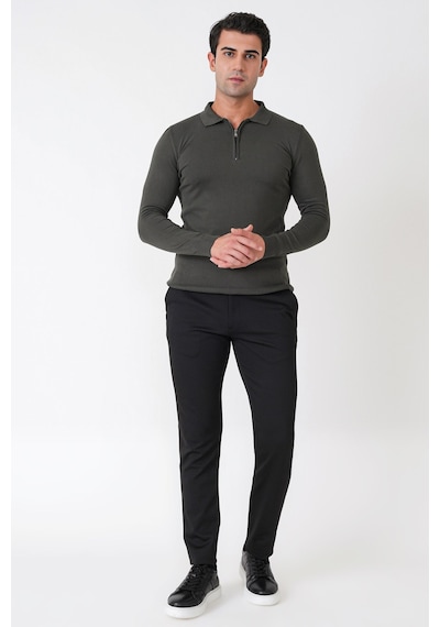 Slim Fit Esnek Pamuklu Fermuarlı Polo Yaka Haki Triko Tr 902
