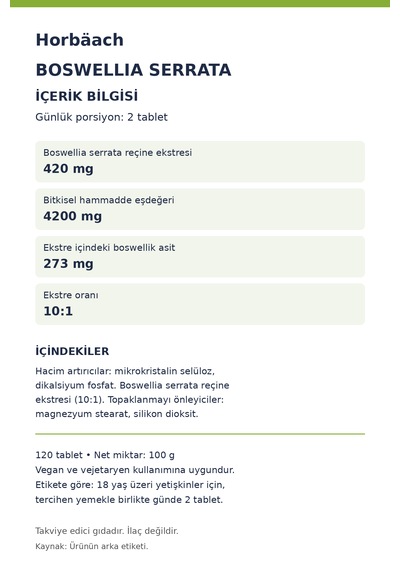 Horbäach Boswellia Serrata 4200 Mg Eşdeğer Ekstre 120 Vegan Tablet