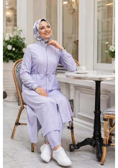 Hb Harma Time Butik Kadın Ribanalı Fermuarlı Keten Tunik Pantolon Gri İkili Takım Gri Gri