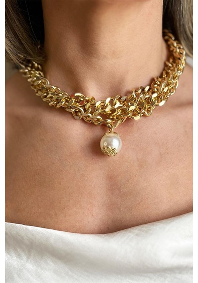 Büyük İnci Detaylı Üçlü Choker Kolye Krem