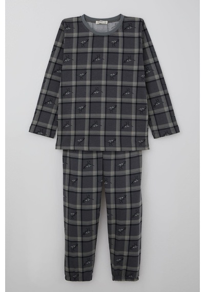 Breeze Erkek Çocuk Pijama Takımı Dinozor Krallığı Ekose Desenli 4-8 Yaş, Gri Gri