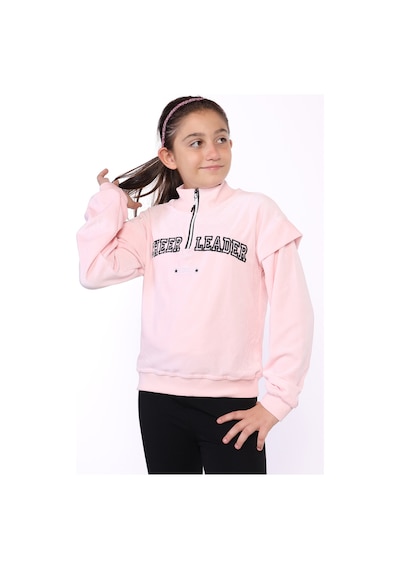 Toontoy Kız Çocuk Fermuar Detaylı Nakışlı Kadife Sweatshirt Pudra