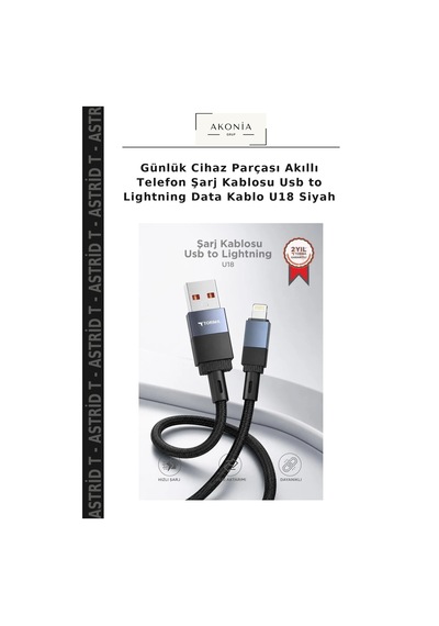 Günlük Cihaz Parçası Akıllı Telefon Şarj Kablosu Usb To Lightning Data Kablo U18 Siyah