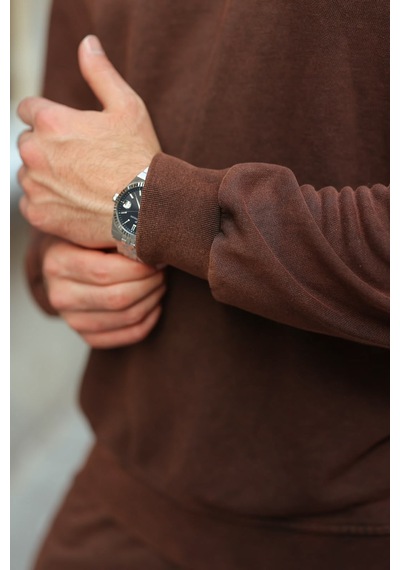 Madmext Kahverengi Yıkamalı Bisiklet Yaka Regular Fit Erkek Sweat Eşofman Takım E7369