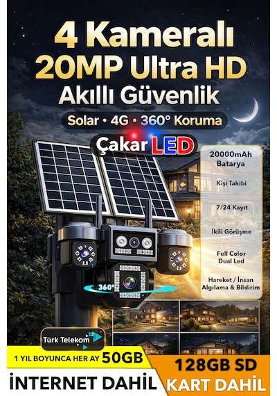 50gb İnternet 128gb Sd Kart Dahil 4 Lens 20mp Ultrahd Güvenlik Kamerası Sim Kartlı Güneş Enerjili