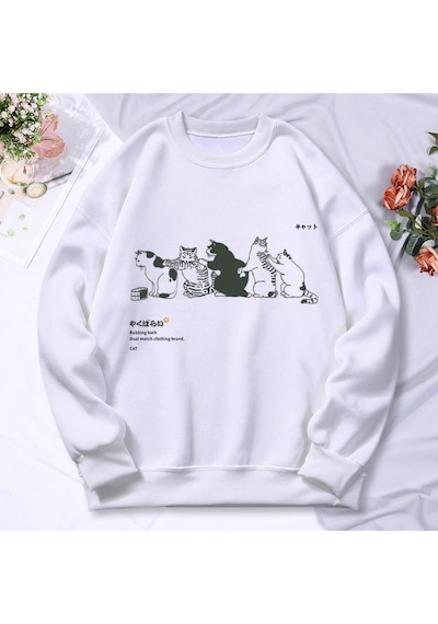 Startmore Startmorekarikatür Kedi Baskı Kadın Hoody Sonbahar Yumuşak Sıcak Kazak Kore Büyük Boy Kapşonlu Basit T Beyaz