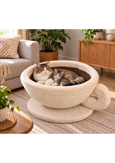 Pureza Kahve Fincanı Tasarımlı Kedi Yatağı & Sisal Tırmalama Yüzeyli Dekoratif Peluş Kedi Evi