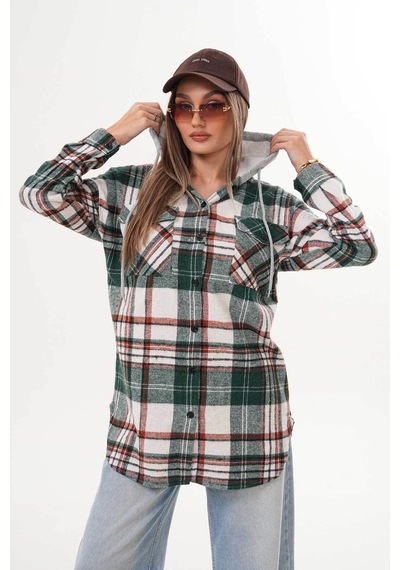Polologin Butik Kadın Yeşil Beyaz Kapşonlu Araboy Tunik Yeşil