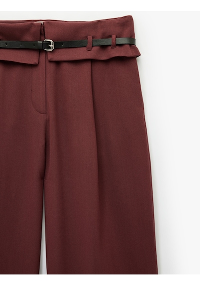 Koton Viskon Karışımlı Kemer Detaylı Geniş Paça Kumaş Pantolon Bordo 6wal40030ıw