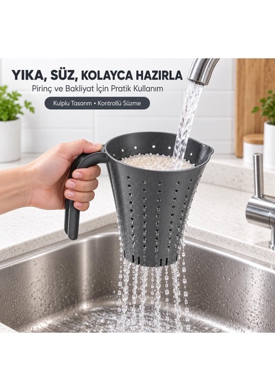 Kulplu Pirinç Ve Makarna Süzgeci, Pratik Sürahi Tipi Bakliyat Yıkama Süzme Kabı, 1 Adet