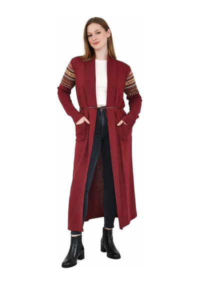 Onno Style Woman Standart Beden Kilim Desenli Uzun Triko Ceket Bordo